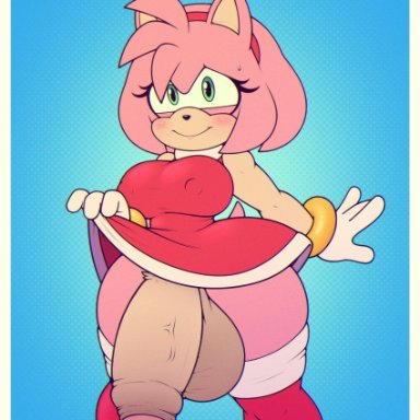 absurd res, alternate version at source, amy rose, anthro, balls, better version at source, big balls, big breasts, big penis, bottomwear, breasts, clothed, clothing, eulipotyphlan, foreskin