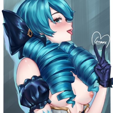 1girls, blue eyes, blue hair, blush, breasts, bwcloud, drill hair, exposed breasts, gwen (league of legends), hair ornament, league of legends, looking at viewer, nipples, open mouth, partially clothed