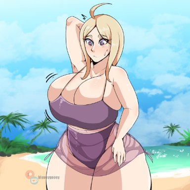 1girls, ahoge, akamatsu kaede, alternate breast size, alternate version available, armpits, ass, bare shoulders, beach, big ass, big breasts, big butt, bikini, blonde hair, bluueygooey