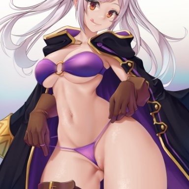 1girls, :p, achromaru, alternate costume, bikini, breasts, brown eyes, coat, eyebrows visible through hair, fire emblem, fire emblem: awakening, fire emblem awakening, fire emblem heroes, gloves, grey hair