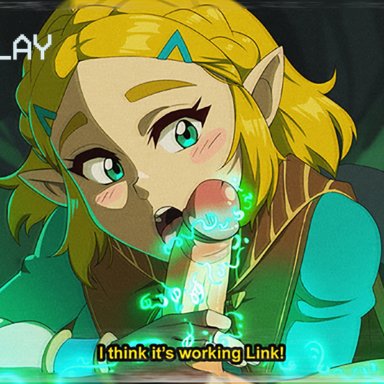 1boy, 1girls, blonde hair, blowjob, blue eyes, blush, breath of the wild, breath of the wild 2, clothed, cock worship, dirtyero(artist), erection, faceless male, fingerless gloves, gloves