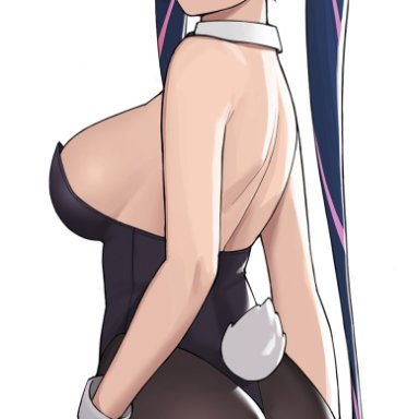 1girls, ass, blue hair, bunny ears, bunny girl, bunny tail, bunnysuit, donburikazoku, female, female only, green eyes, hi res, legs together, looking back, panty & stocking with garterbelt