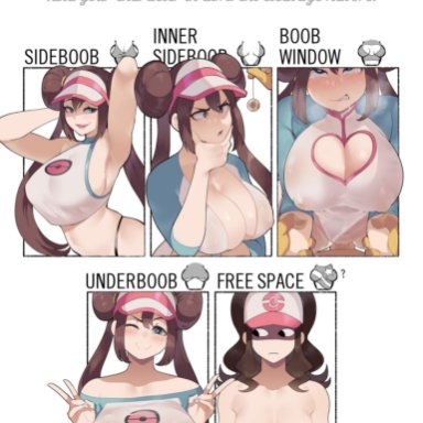 2girls, adapted costume, alternate breast size, breast envy, breasts, brown hair, censored, chart, cleavage cutout, clothing cutout, colored skin, english text, gen 1 pokemon, hat, heart