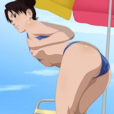 1girls, ass, bare arms, bare legs, bare shoulders, beach, beach chair, beach umbrella, bikini, bikini aside, bikini lift, blue sky, chair, clouds, female