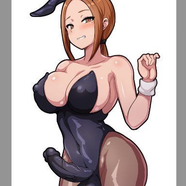 1futa, balls, big breasts, big penis, breasts, brown hair, bunny ears, bunny girl, bunnysuit, clothed, clothing, erection under clothes, fully clothed, futa only, futanari
