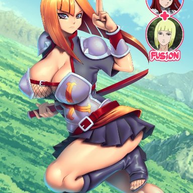 1girls, armor, bbw, belt, big breasts, blonde hair, blue eyes, bob cut, boots, bracelet, bracelets, brown eyes, busty, cleavage, clothed