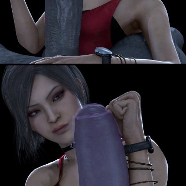 3d, ada wong, asian, asian female, black hair, bracelet, capcom, cleavage, comic, condom, condom wrapper, dress, edit, erection, female