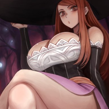 absurdres, bangs, bikini, breasts, brown eyes, brown hair, bursting breasts, carcass (artist), cleavage, closed mouth, curvy, detached sleeves, dragon's crown, dress, female