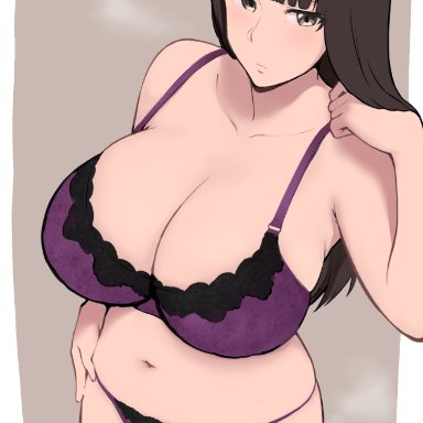 bbw, black hair, girls und panzer, grey eyes, hand on hip, hand on shoulder, hotmilk, huge breasts, long hair, mature female, milf, mother, nishizumi shiho, plump, purple bikini