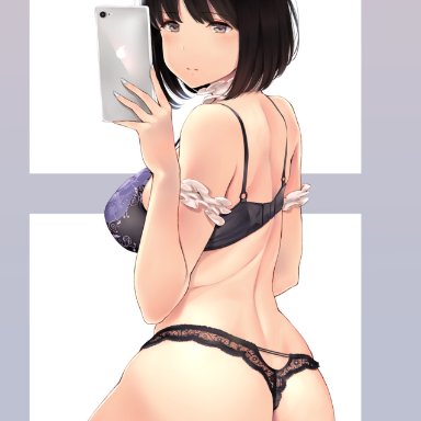 1girls, ass, back, bangs, black bra, black hair, black panties, blush, bra, breasts, brown eyes, cellphone, female, highres, large breasts