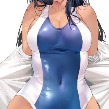 1girls, 2021, armpit crease, ass visible through thighs, bangs, bare legs, belly button, black hair, blue swimsuit, blush, blushing at viewer, breasts, brown eyes, brown skin, cleavage