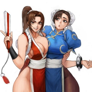 2girls, bangs, bare legs, bare shoulders, black hair, bracelet, breast press, breasts, brown eyes, brown hair, capcom, carcass (artist), china dress, chinese clothes, chun-li