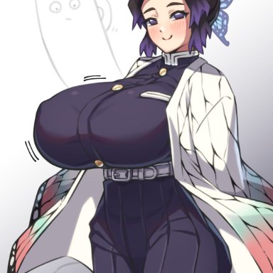 big breasts, black hair, blush, butterfly hair ornament, demon slayer, fully clothed, huge breasts, kimetsu no yaiba, kochou shinobu, looking at viewer, purple eyes, two tone hair, 珈琲亭しんぼ