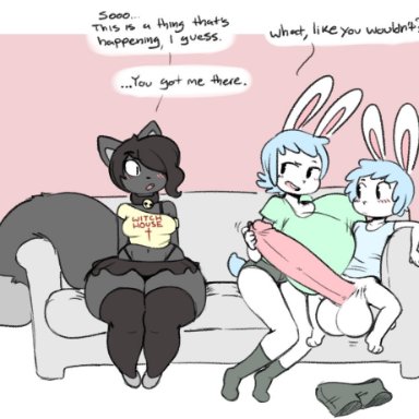 1boy, 2girls, age difference, angstrom, anthro, big ass, breast press, brother and sister, bunny ears, cat ears, dialogue, english text, handjob, huge breasts, hyper balls