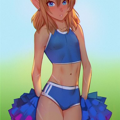 1boy, androgynous, blush, bulge, cheerleader, cheerleader link, cheerleader uniform, crossdressing, cute, ear piercing, elf, femboy, fit, gradient background, humanoid