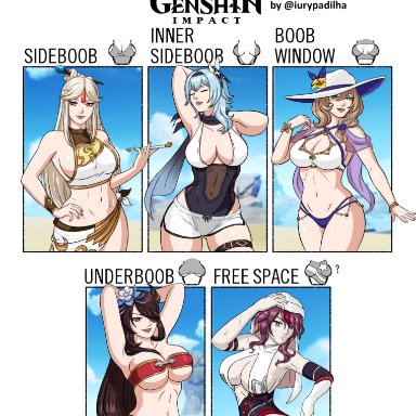 5girls, abs, armpits, arms up, auburn hair, beidou (genshin impact), big breasts, bikini, bikini bottom, bikini top, blue hair, boob window, bra, breasts, brown hair