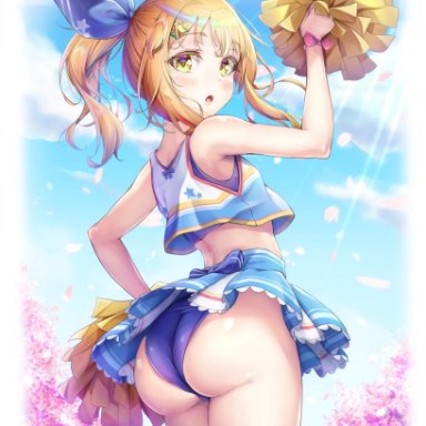 1boy, :o, ass, bangs, bare arms, blonde hair, blue skirt, border, cheerleader, cherry blossoms, cloud, crop top, day, eyebrows visible through hair, femboy