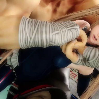 1boy, 1girl, 3d, animated, blonde hair, cum, dead or alive, dead or alive 5, fighting ring, from behind, hair ornament, jerid oiso, larger male, long hair, looking at viewer