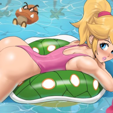 1girls, ass, big butt, blonde hair, blue eyes, blush, echosaber, female, goomba, hat, lipstick, long hair, mario (series), nintendo, ponytail