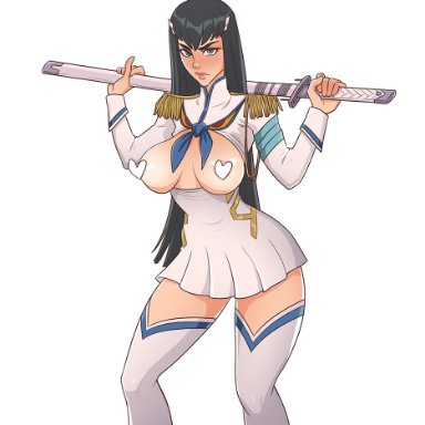 1girls, areola slip, areolae, black hair, blue eyes, breasts, breasts out, censored, female, female only, heart censor, junketsu, kill la kill, kiryuuin satsuki, long hair