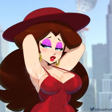 1girls, armpit fetish, armpits, big breasts, breasts, cleavage, dress, female, female only, large breasts, makeup, mario (series), musk, pauline, smell