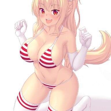 animal ear fluff, animal ears, bangs, bare shoulders, bikini, blonde hair, blush, bow, breasts, cat ears, cat girl, cat tail, cleavage, collarbone, elbow gloves