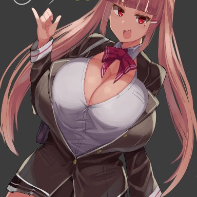 big breasts, bow, button-up, button up shirt, cleavage, facominn, hair ribbon, huge breasts, large breasts, mole on cheek, monet (facominn), peach hair, pinky out, red eyes, school jacket