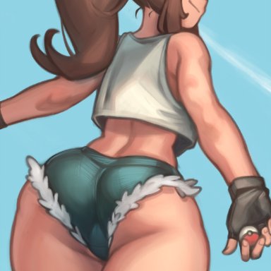 1girls, ass, big ass, blue eyes, brown hair, curvy figure, eye contact, fingerless gloves, fully clothed, gloves, hat, hilda (pokemon), kelvin hiu, looking at viewer, looking back