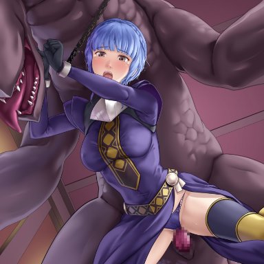 1girls, blue panties, bondage, censored, color, deep rising, fire emblem, fire emblem: three houses, highres, interspecies, marianne von edmund, monster, nintendo, panties, penis