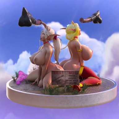 2girls, animated, ass, balls, big ass, big breasts, big penis, bimbo, blonde, blonde hair, blood elf, blue eyes, breast size difference, breasts, busty