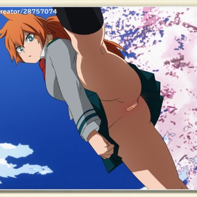 1girls, bottomless skirt, covered pussy, felipe godoy, female, female only, green eyes, itsuka kendou, long hair, looking at viewer, looking down, my hero academia, orange hair, ponytail, pussy