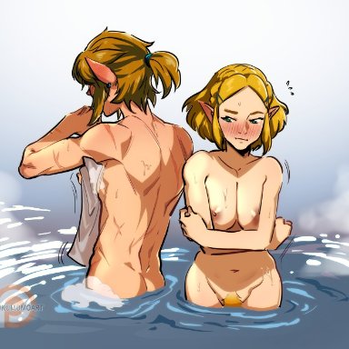 1boy, 1girls, back muscles, blush, breasts, breath of the wild 2, embarrassed, embarrassed nude exposure, embarrassed nude female, female, kukumomo, link, male, muscles, muscular