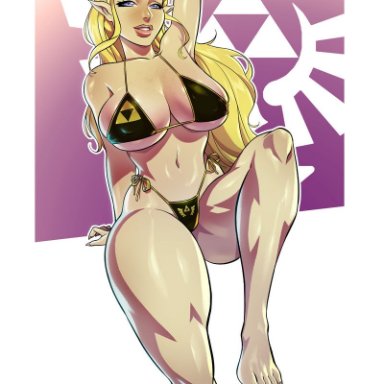 bikini, blonde hair, blue eyes, breath of the wild, iacolare, large breasts, long hair, pointy ears, princess zelda, royalty, solo, the legend of zelda, voluptuous, zelda (breath of the wild)
