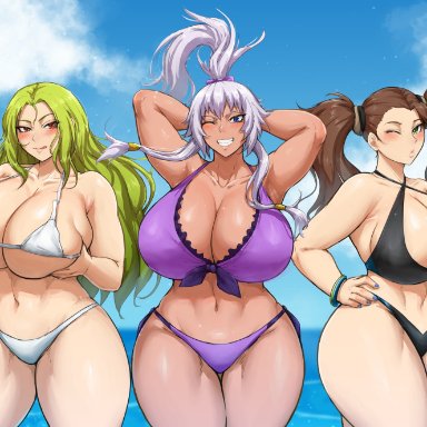 3girls, akaza chacha, armpits, batako, bikini, blowing kiss, breast squeeze, breasts, cleavage, crossover, dark-skinned female, dark skin, gundam build fighters, huge breasts, licking lips