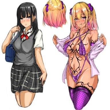 1girls, 2girls, ass, bag, big breasts, bimbo, bimbofication, black hair, blonde hair, breasts, corruption, dark-skinned female, dark skin, english text, female