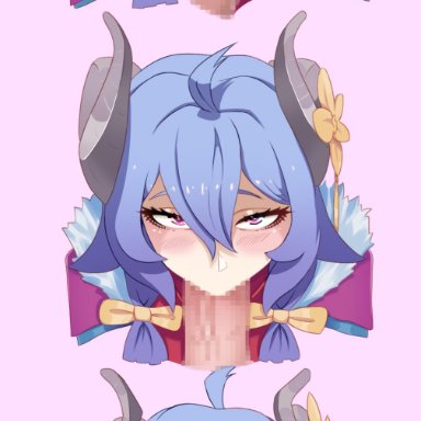 1girls, blowjob, blush, censored, clothed, cum, hair ornament, heart-shaped pupils, horns, kindred, lamb (league of legends), league of legends, long hair, looking at viewer, purple eyes