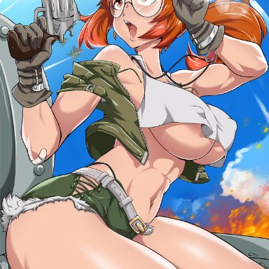 1girls, abs, bayeuxman, big breasts, breasts, brown hair, curvy figure, female, fio germi, glasses, gloves, gun, hat, large breasts, metal slug