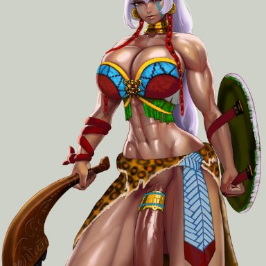 1futa, abs, aka6, aztec, biceps, big breasts, bottomless, bra, breasts, busty, cleavage, clothed, clothing, cock ring, facial markings