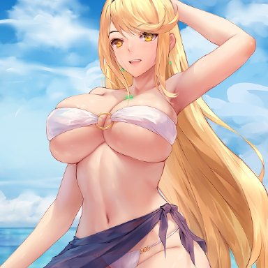 1girls, 2021, armpits, arms up, azto dio, bangs, belly button, bikini, black ribbon, blonde hair, blue sky, breasts, core crystal, detailed background, earrings