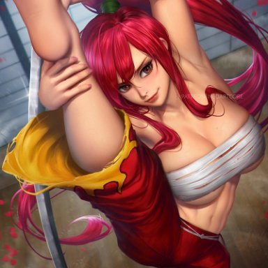 armpits, barefoot, breasts, brown eyes, cleavage, erza scarlet, fairy tail, feet, female, foot focus, foreshortening, from above, full body, hakama, holding