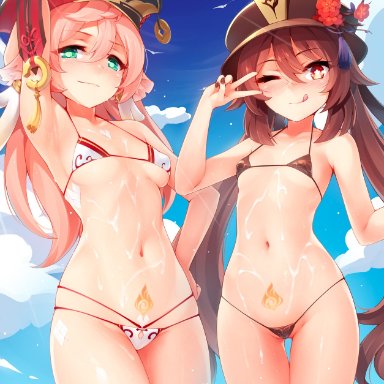 2girls, ;q, arm up, armpits, bangs, bikini, blue sky, blush, breasts, brown bikini, brown hair, brown nails, cloud, collarbone, cum