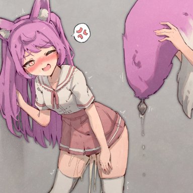 against wall, anal tail, anger vein, animal ear fluff, animal ears, annoyed, bangs, blush, breasts, butt plug, commentary request, disembodied limb, embarrassed, eyebrows visible through hair, fake animal ears