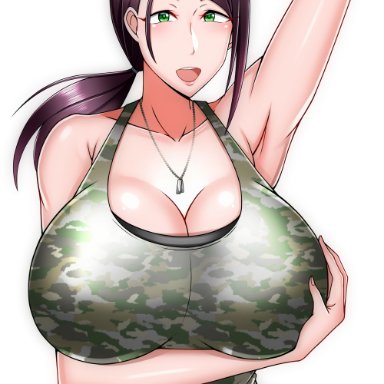 1girls, armpits, bare shoulders, big breasts, breasts, brown bottomwear, camo print, camouflage tank top, cleavage, curvaceous, curvy, doggy, female, female only, green eyes