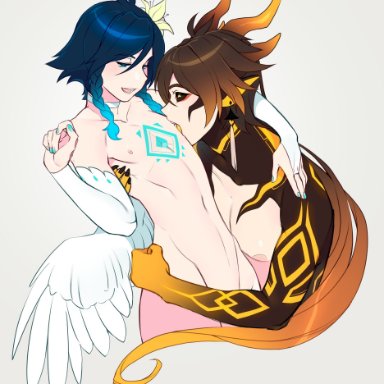 2boys, androgynous, arm tattoo, bangs, black hair, black nails, black sclera, blue hair, blue nails, blush, braid, bridal gauntlets, brown hair, chest tattoo, choker