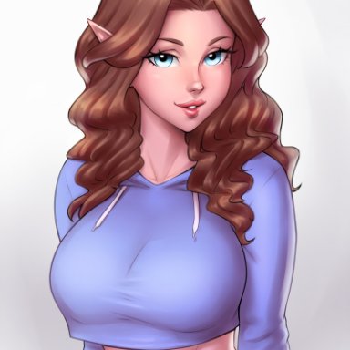 1girls, abs, aesdev, blue eyes, brown hair, clothed, crop top, cute, elf, female, female only, fit, fit female, hoodie, large breasts