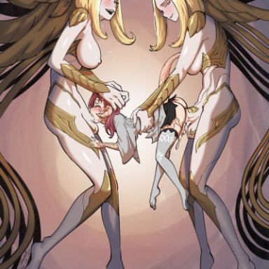 3girls, absurdres, au ra, blonde hair, blush, breasts, closed eyes, colored skin, commission, cracked skin, cum, cum in mouth, cum in pussy, dragon horns, dragon tail