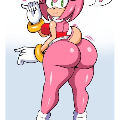 1girls, ?, amy rose, anthro, ass, big ass, breasts, eye contact, female, green eyes, high heels, large ass, looking at viewer, looking back, pink body