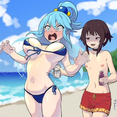 2girls, aqua (konosuba), beach, bikini, blue hair, bouncing breasts, brown hair, kono subarashii sekai ni shukufuku wo!, large breasts, megumin, mens swimsuit challenge, myahogao, ponytail, small breasts, tears