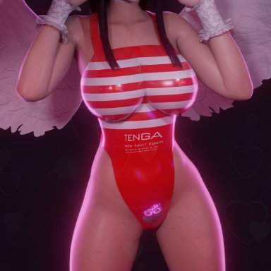 3d, black hair, bouquetman, dead or alive, female, glowing eyes, long hair, looking at viewer, mouth hold, nyotengu, one-piece swimsuit, paw pose, pubic hair, solo, swimsuit