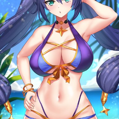 1girls, 2021, alternate breast size, alternate version available, arm up, ass visible through thighs, bangles, beach, belly button, bikini, black hair, blue eyes, blue sky, blurry background, blush